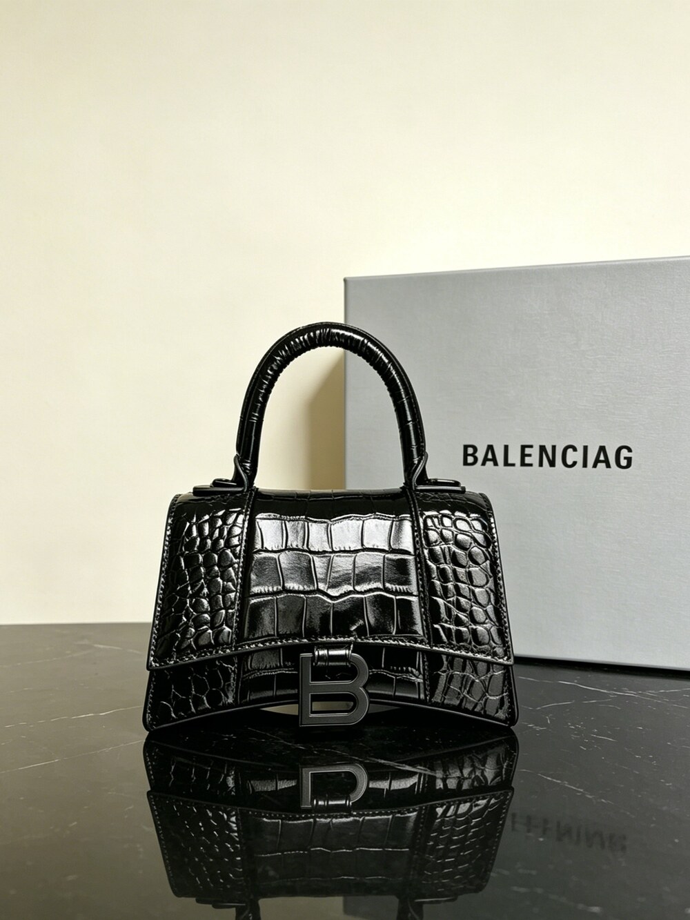Balenciaga Hourglass XS Black Crocodile Embossed Handbag